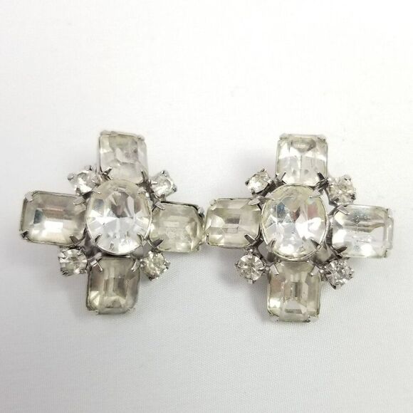 Vintage Rhinestone Cluster Clip On Earrings, Silver Tone Prong Set Mixed Shapes - Picture 5 of 6